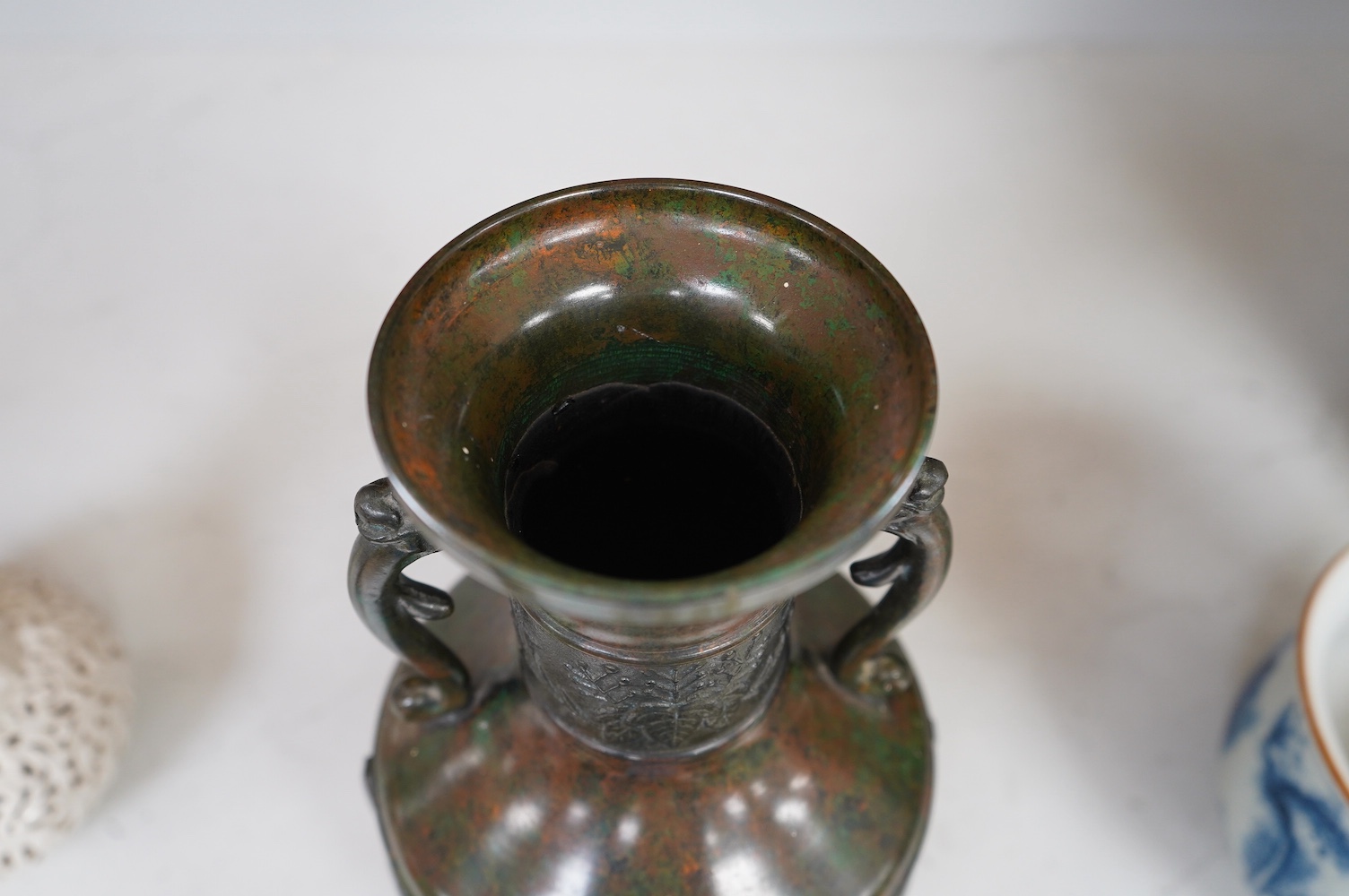 A Japanese green patinated bronze vase, 20th century, 25cm high. Condition - good